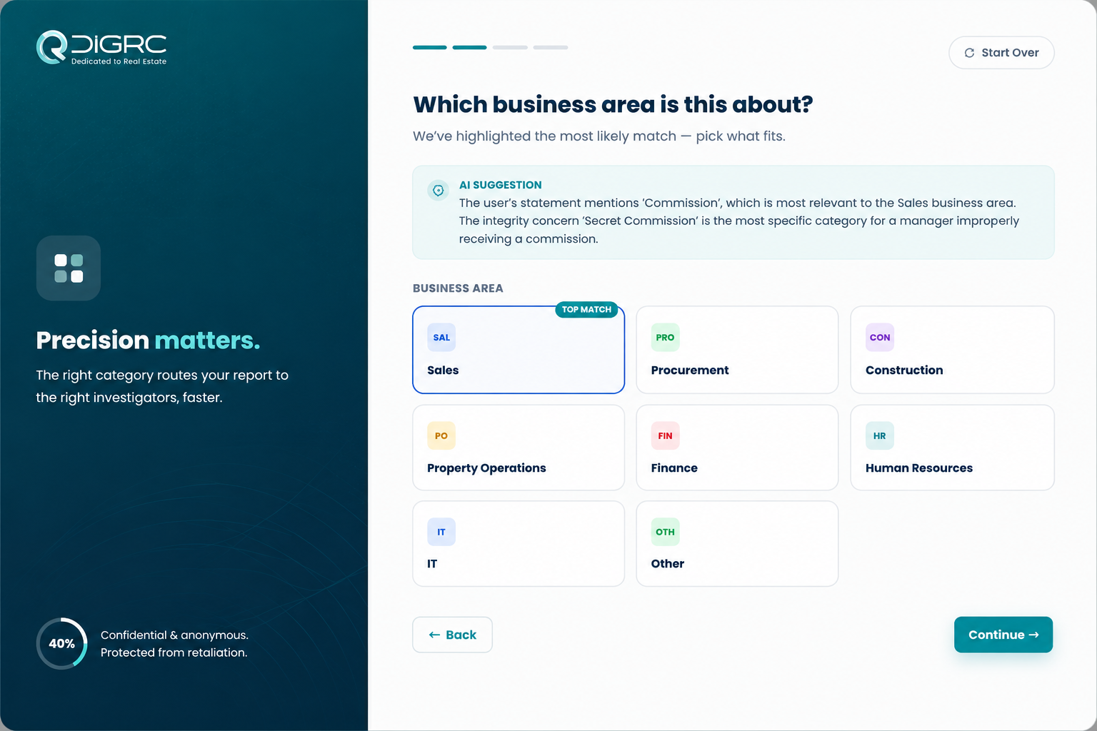 AI-guided whistleblowing reporting experience